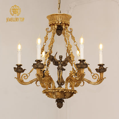 Front view of JEWELLERY TOP's luxury brass chandelier with detailed winged angel sculpture.