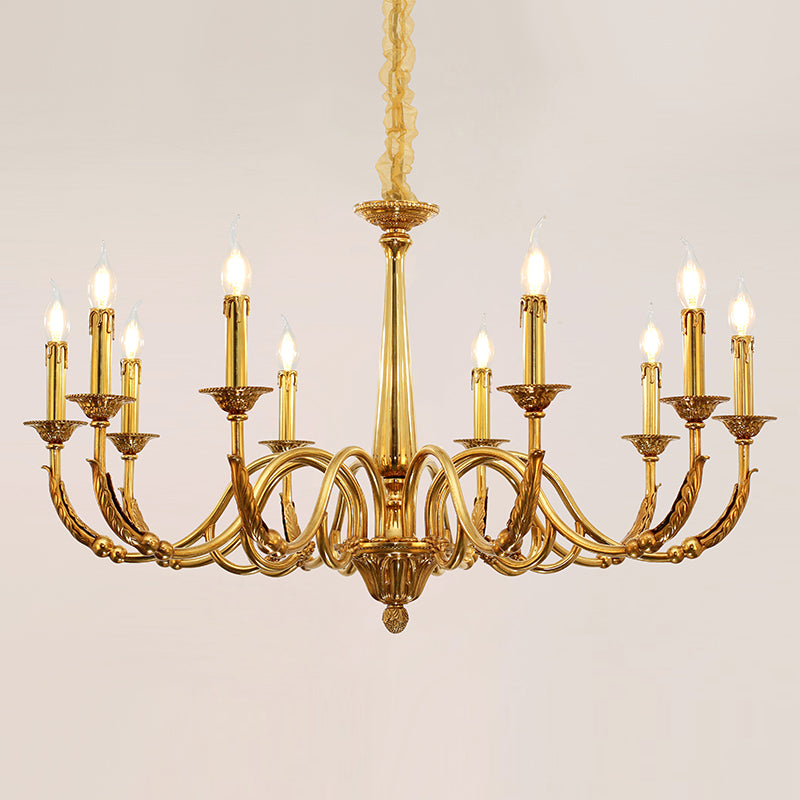 Opulent brass chandelier highlighting intricate central column and arm details.