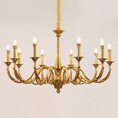 Opulent brass chandelier highlighting intricate central column and arm details.