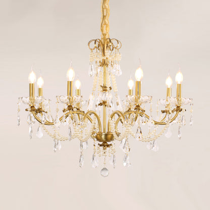 Extreme detail shot focusing on the candle-shaped filament bulbs and the decorative brass canopy at the top.