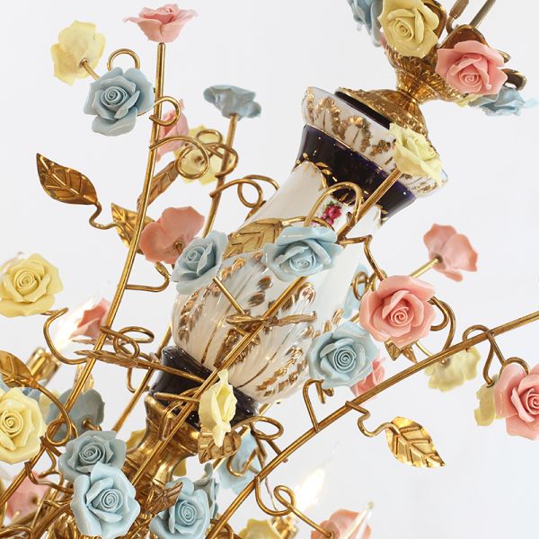 French Majolica Rose Garden Porcelain Floral Brass Chandelier
