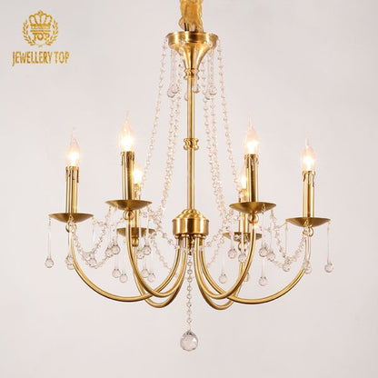 Angled perspective highlighting the symmetrical arrangement of five candle-style lights and the central column.