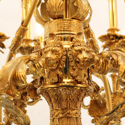Extreme close-up of majestic lion head carvings on the central column of a luxury brass chandelier.