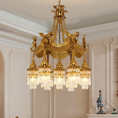 JEWELLERY TOP brand's luxury decorative chandelier highlighting the detailed winged goddess sculpture and draped fabric-inspired metalwork.