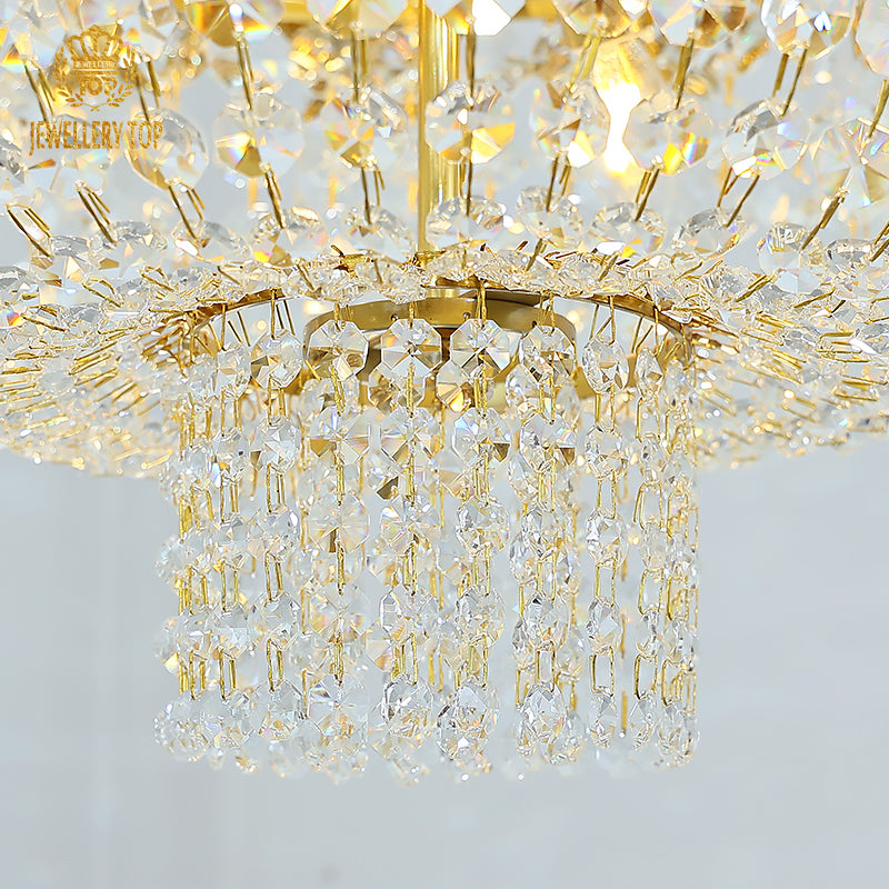 French Floral Gem & Cascading Crystal Brass Chandelier