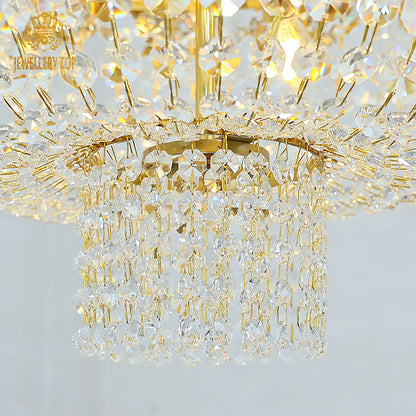 French Floral Gem & Cascading Crystal Brass Chandelier