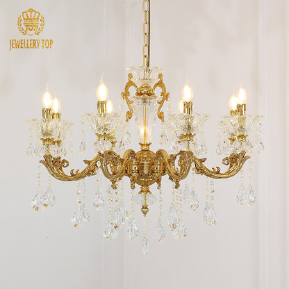 Macro close-up of the finely detailed golden acanthus leaf cup and the teardrop-shaped crystal pendants.