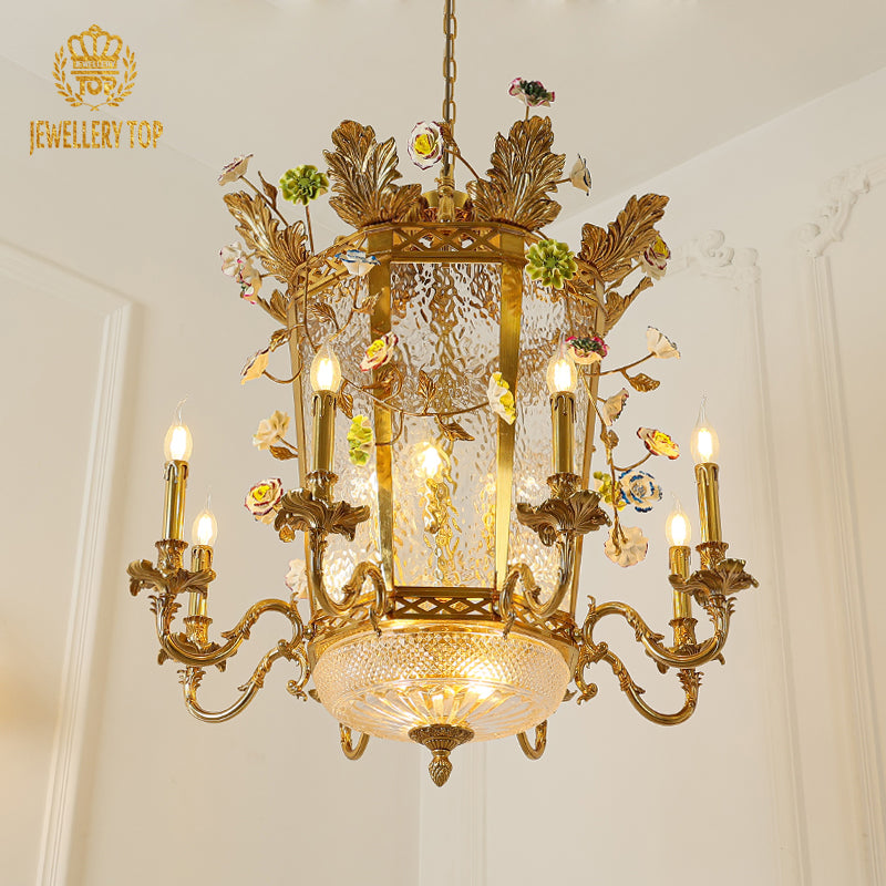 Angled perspective highlighting the hexagonal lantern form and the elaborate scrolling candle arms.