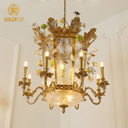 Angled perspective highlighting the hexagonal lantern form and the elaborate scrolling candle arms.
