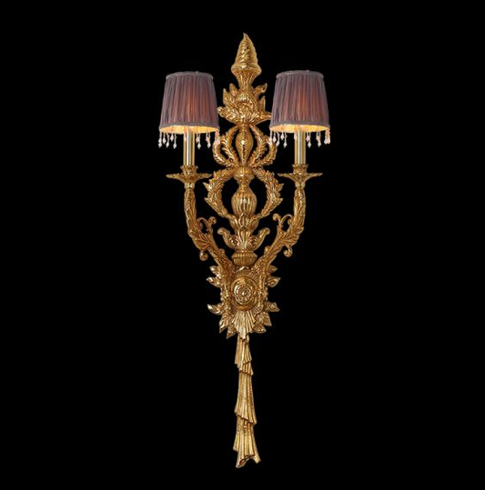 Héraldique Royale golden brass wall sconce with two dark grey fabric shades and crystal fringe on a black background.