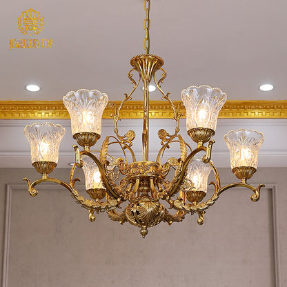 Macro close-up of the textured golden leaf accents and the fluted, petal-shaped glass shades.