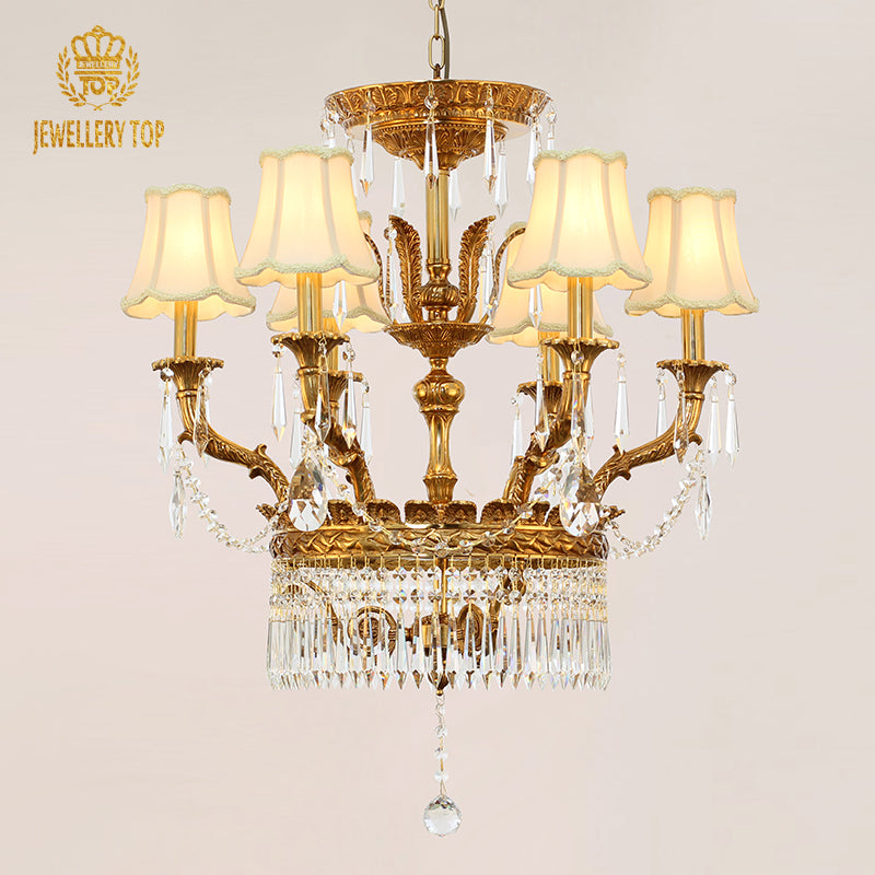 JEWELLERY TOP brand's ornate brass and K9 crystal art decorative chandelier, side view.