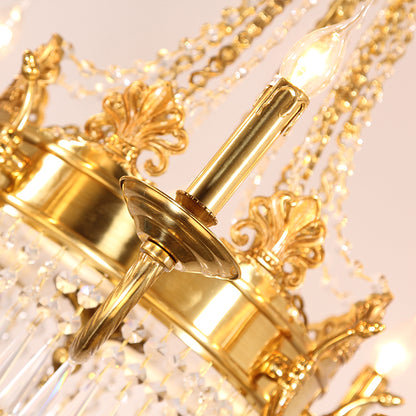 Extreme detail shot focusing on the finely crafted golden leaves and the teardrop crystal pendants.