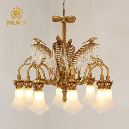 Macro shot of crystal strings and engraved leaf纹理 on the French decorative chandelier.