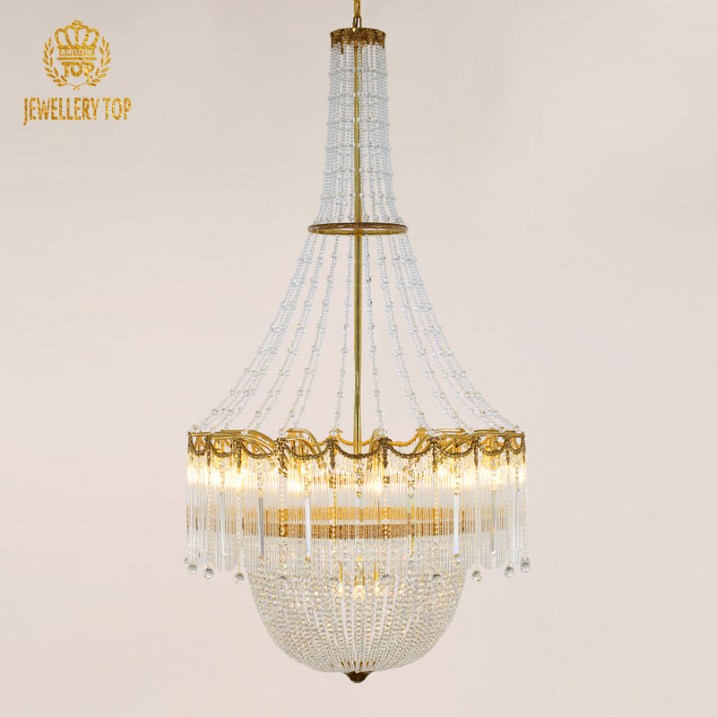 Angled perspective highlighting the symmetrical arrangement of multiple tiers and the elaborate brass frame.