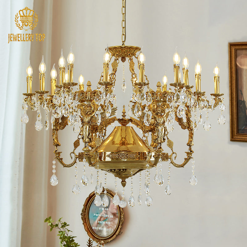 JEWELLERY TOP brand's vintage decorative chandelier showcasing majestic angel sculptures and cascading crystal strands.