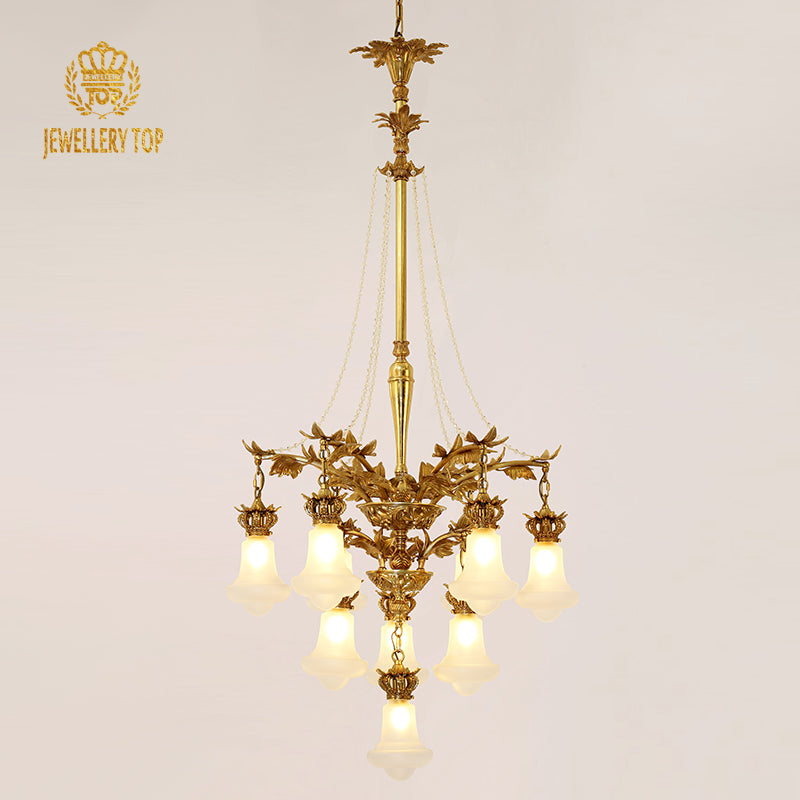 Front view of the JEWELLERY TOP brass chandelier with white bell-shaped glass shades.