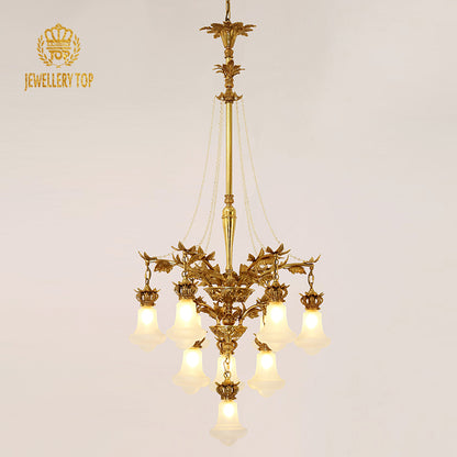 Front view of the JEWELLERY TOP brass chandelier with white bell-shaped glass shades.