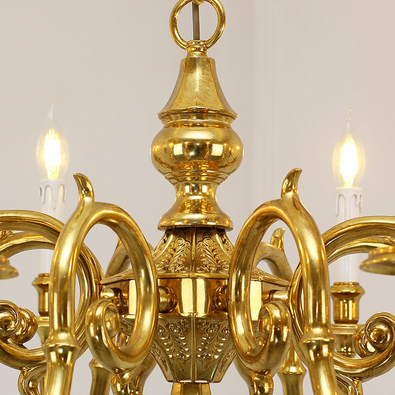 Extreme detail shot focusing on the candle-shaped filament bulbs and the ornate brass canopy at the top.