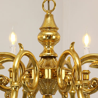 Extreme detail shot focusing on the candle-shaped filament bulbs and the ornate brass canopy at the top.