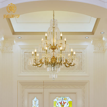 JEWELLERY TOP brand's french chandelier showcasing intricate acanthus leaf motifs and cascading K9 crystal strands.