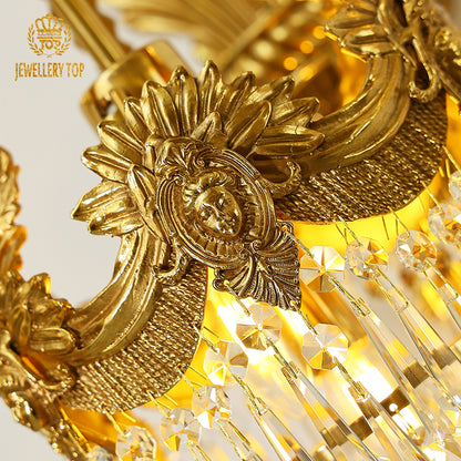 Detailed side view highlighting the elegant scroll arm and the dense curtain of faceted crystal pendants.
