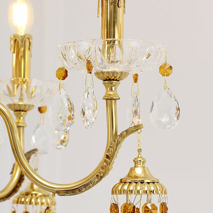 Extreme detail shot focusing on the multi-faceted crystal drops and the decorative bobeche.