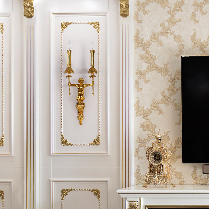 The French wall light installed in an elegant interior setting with gold-accented wallpaper and a vintage clock, showcasing its decor harmony.