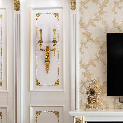 The French wall light installed in an elegant interior setting with gold-accented wallpaper and a vintage clock, showcasing its decor harmony.