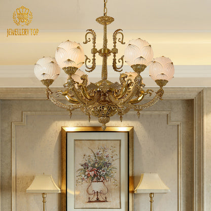 JEWELLERY TOP brand's art decorative chandelier showcasing a detailed pegasus sculpture and alabaster glass lotus shades.