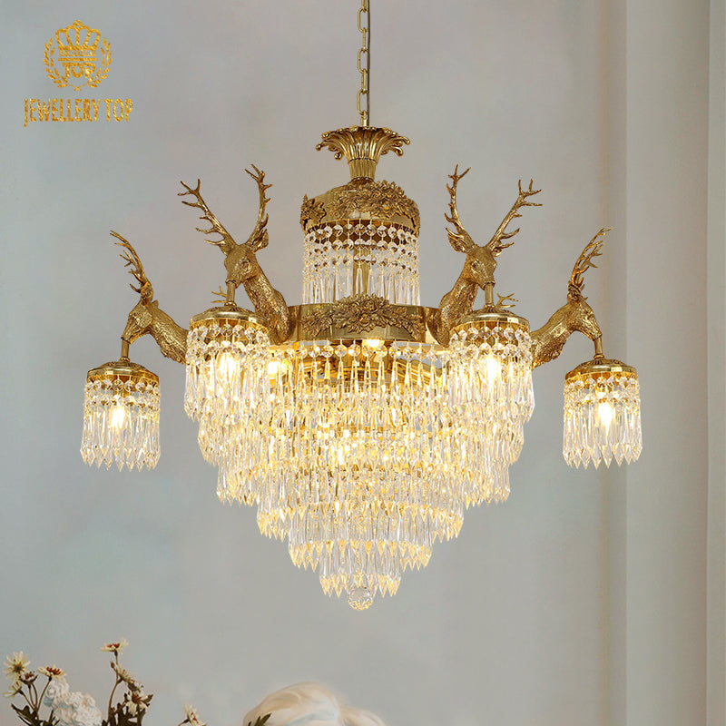 JEWELLERY TOP brand's classical chandelier highlighting the four majestic stag head sculptures supporting the crystal shades.