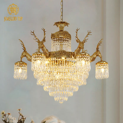 JEWELLERY TOP brand's classical chandelier highlighting the four majestic stag head sculptures supporting the crystal shades.