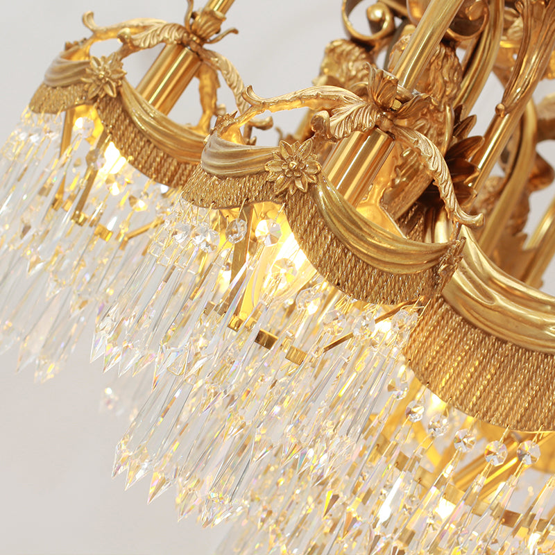 Extreme detail shot focusing on the hanging K9 crystal pendants and the dense, shimmering crystal fringe.