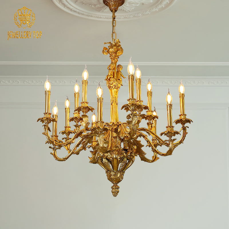 Detailed view of a golden Victorian brass chandelier with intricate scrollwork