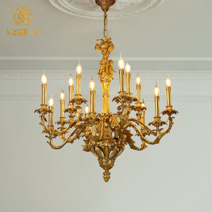 Detailed view of a golden Victorian brass chandelier with intricate scrollwork