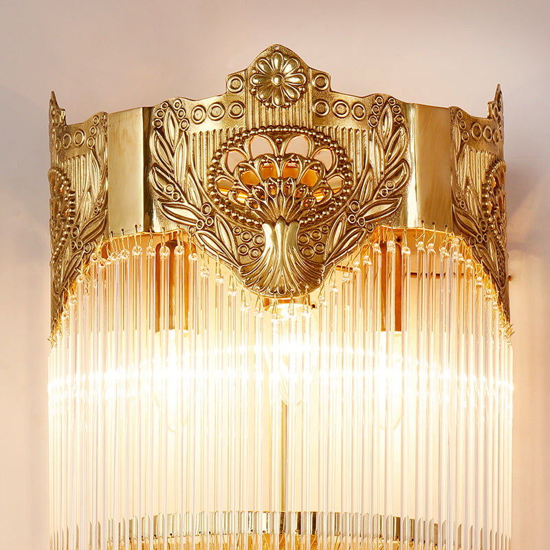 Front view of the decorative wall lamp showcasing its symmetrical design and sparkling crystal droplets.