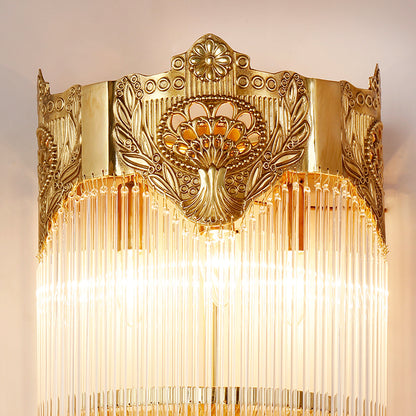 Front view of the decorative wall lamp showcasing its symmetrical design and sparkling crystal droplets.