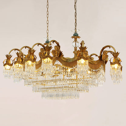 Angled perspective highlighting the symmetrical arrangement of multiple light sources and cascading glass tiers.